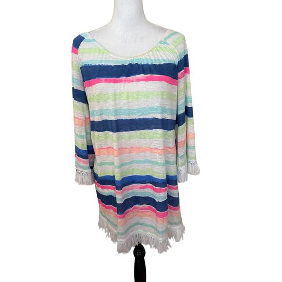 Lilly Pulitzer Striped Tassel Hem Bell Sleeve Swim Cover-Up Linen Tunic Dress M - Picture 4 of 16